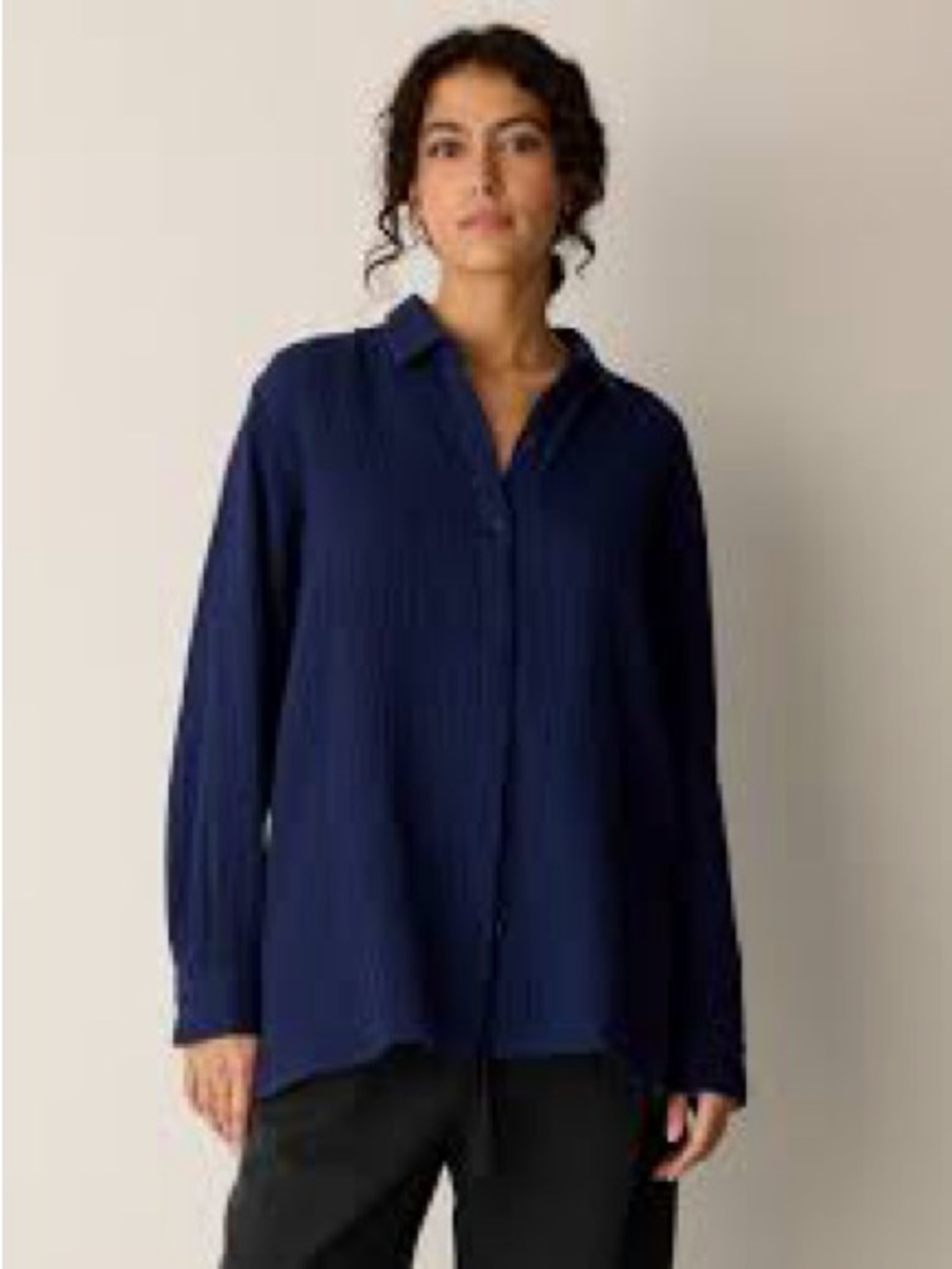 Eileen Fisher Sz Md Organic Cotton Lofty Gauze Classic Collar Shirt Navy